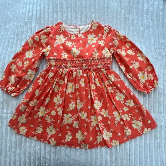 Bonnie Jean Girls Floral Dress Long Sleeve Size 4T Orange Embroidered Beach Tie - Picture 1 of 6